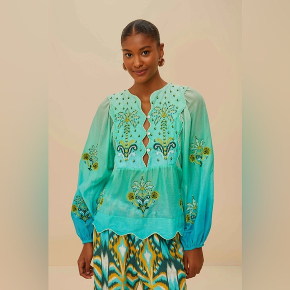 FARM RIO Turquoise Palm Tree Tapestry Blue Wavy Yoke Blouse